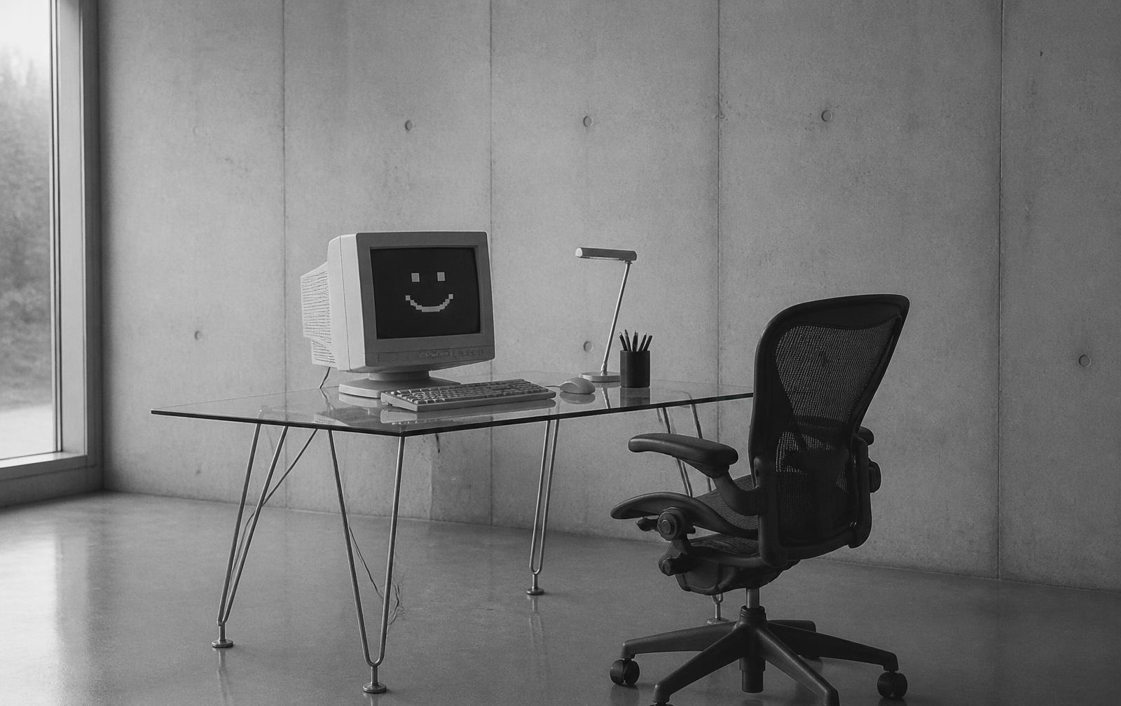 Uma mesa minimalista com um monitor antigo exibindo um rosto sorridente